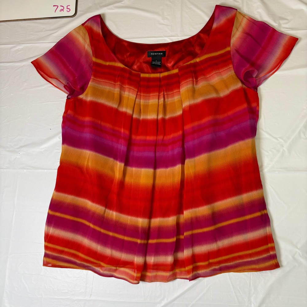 Spense Womens Striped Scoop Neck Flutter Sleeve Blouse Red Orange Purple L NWT